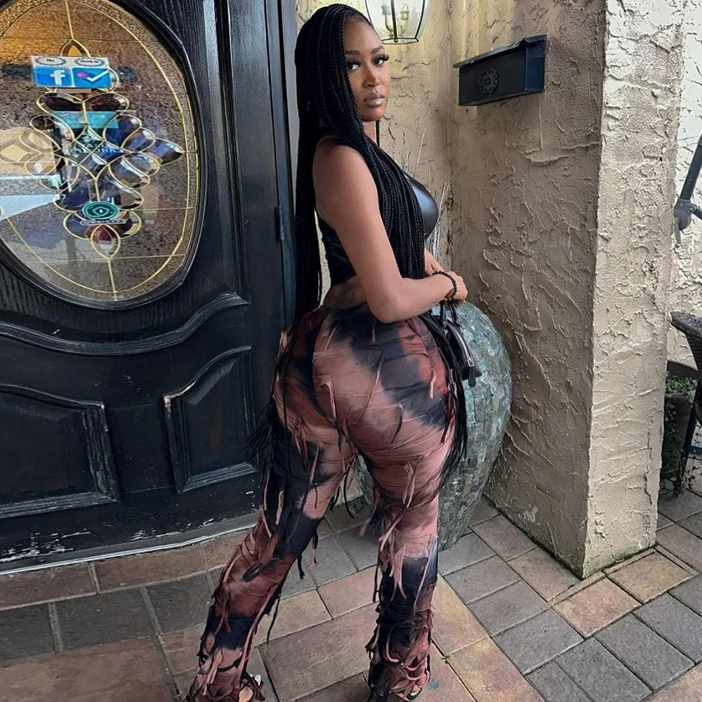 Leosoxs Fashion Women Tie Dye Printed High Waist Drawstring Tassel Flare Pants 2024 Summer Chic Stretch Legging Wide Leg Trouser