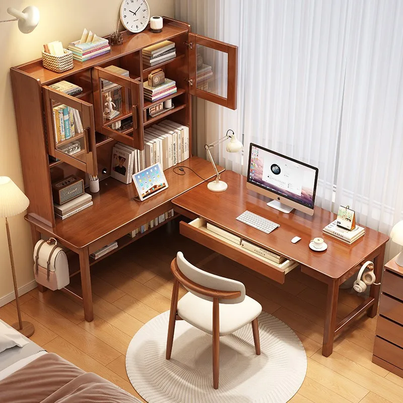 Solid wood corner desk bookshelf integrated table middle school student home L-shaped writing desk