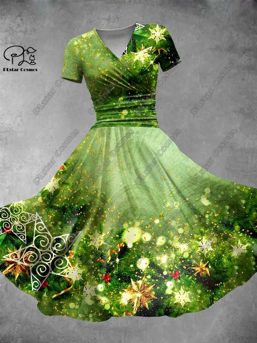 PLstar Cosmos 3D imprimé nouveau floral vert série V-cou à manches courtes robe A-ligne longue robe d'été décontracté mode S-1