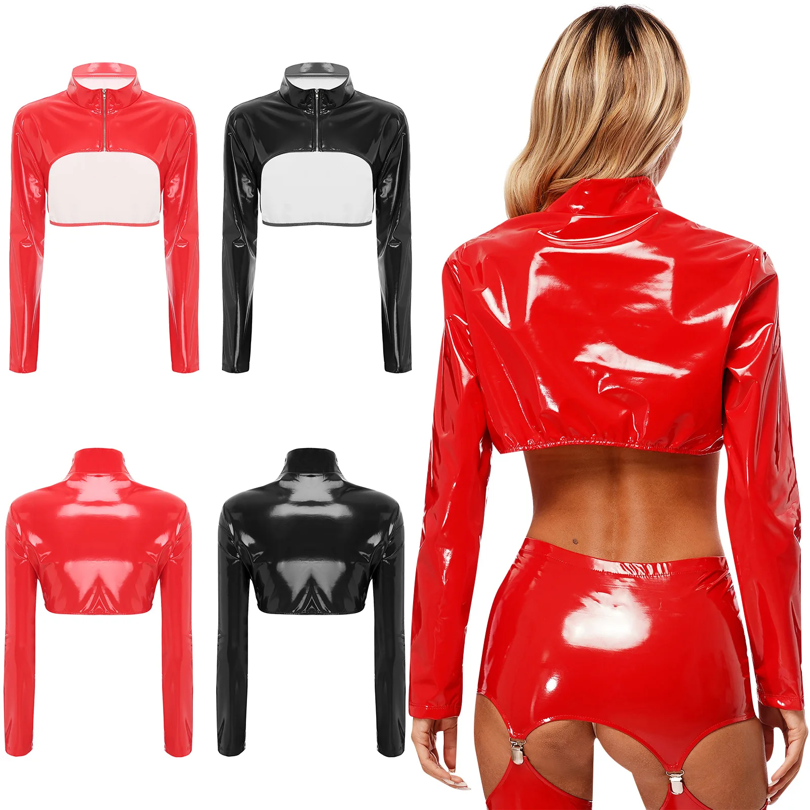 Damen glänzend Lack leder Cop Top Stand Kragen Reiß verschluss Ultra kurze Jacken Langarm Arm Ärmel Achsel zucken Tanz Party Clubwear