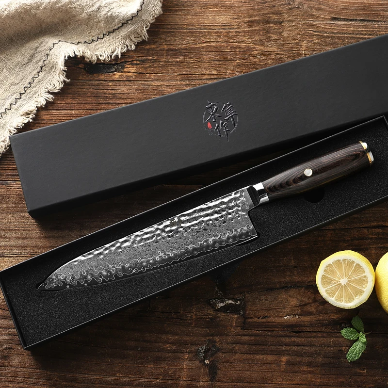 

Chef Knife With Wood Cover 67 Layer Damascus Steel Sharp Slicing Cleaver Gyutou Handmade Forged Kitchen Knives Cooking Tools