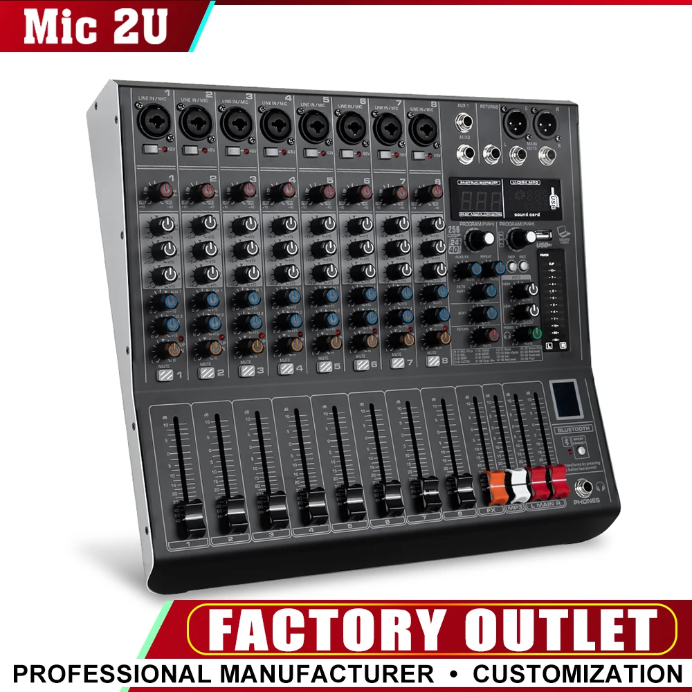

8-канальный профессиональный аудиомикшер, портативная консоль для микширования звука, USB-интерфейс, цифровой MP3, компьютерный вход, аудиозапись 5,0