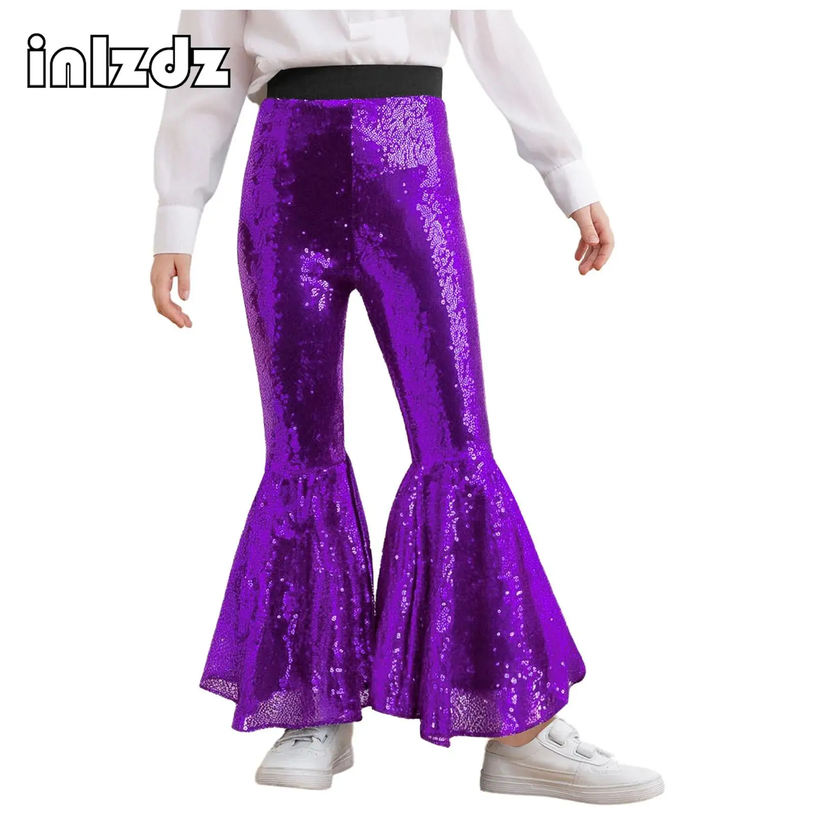 

Kids Girls Jazz Dance Performance Costume Pants Glittery Sequins Flared Pants Bell-Bottom Trousers for Stage Show Competition