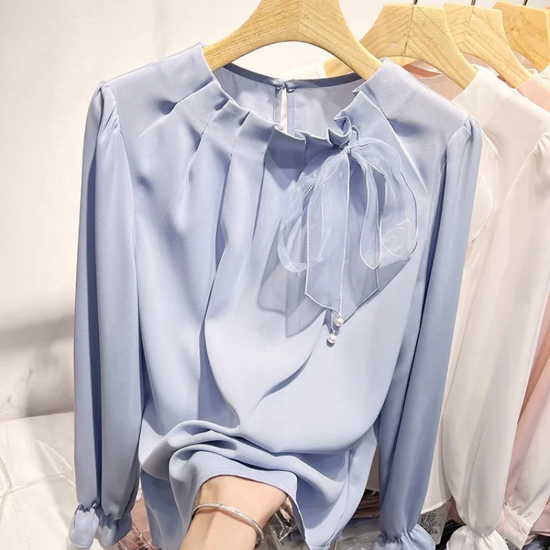 Frauen Stilvolle Rüschen Bogen Spitze Up Chiffon Blusen Büro Dame Elegante Chic Pendeln Shirts Koreanische O Hals Langarm Lose Tops