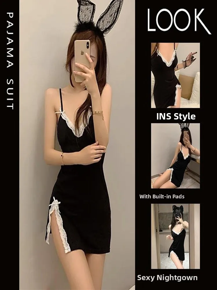 

Sexy Lace Nightgown Women's Sleepwear with Chest Pad Home Clothes Pure Desire Style Summer Collection V-neck Short Sleeve
