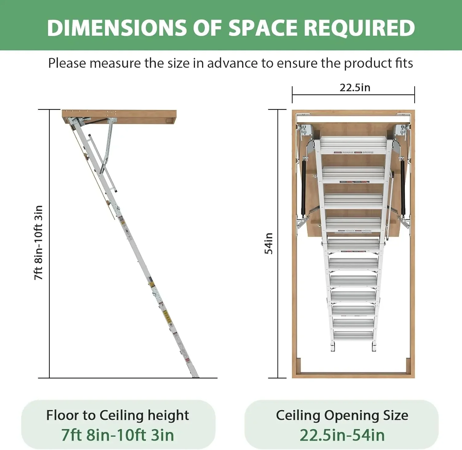 Foot Aluminum Attic Ladder Pull Down System for 54" W x 22.5" H Opening, Attic Access Ladder Drop Down Hidden Attic Stairs, 3