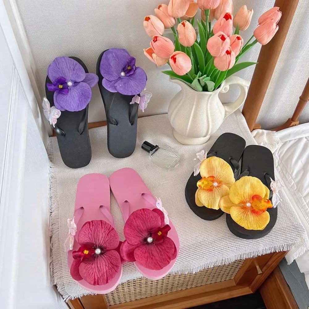 

Casual Vacation Flower Flip Flops Waterproof Soft Moth Orchid Sandals Flat Beach Butterfly Orchid Slippers Outdoor