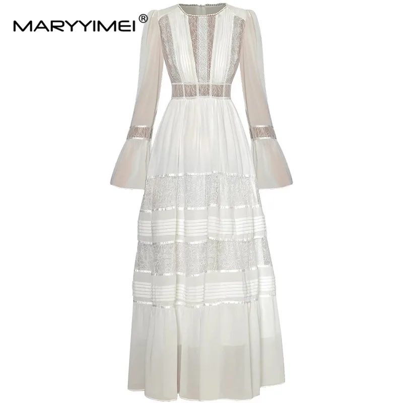 

MARYYIMEI Fashion Designer Autumn Women's dress Long sleeved Lace Patchwork Ruched Slim Elegant Dresses