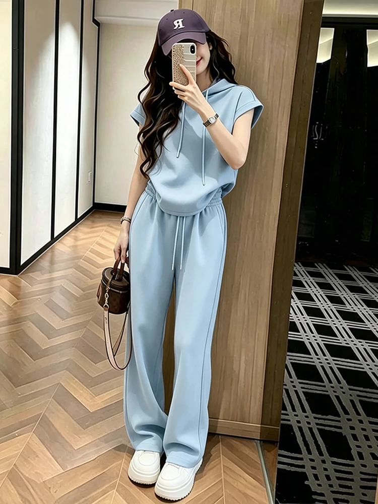 Elegant Korean Style Women's Summer Sportswear Set with Hooded Top And Wide Leg Pants Short Sleeve Loose Fit Casual Outfit