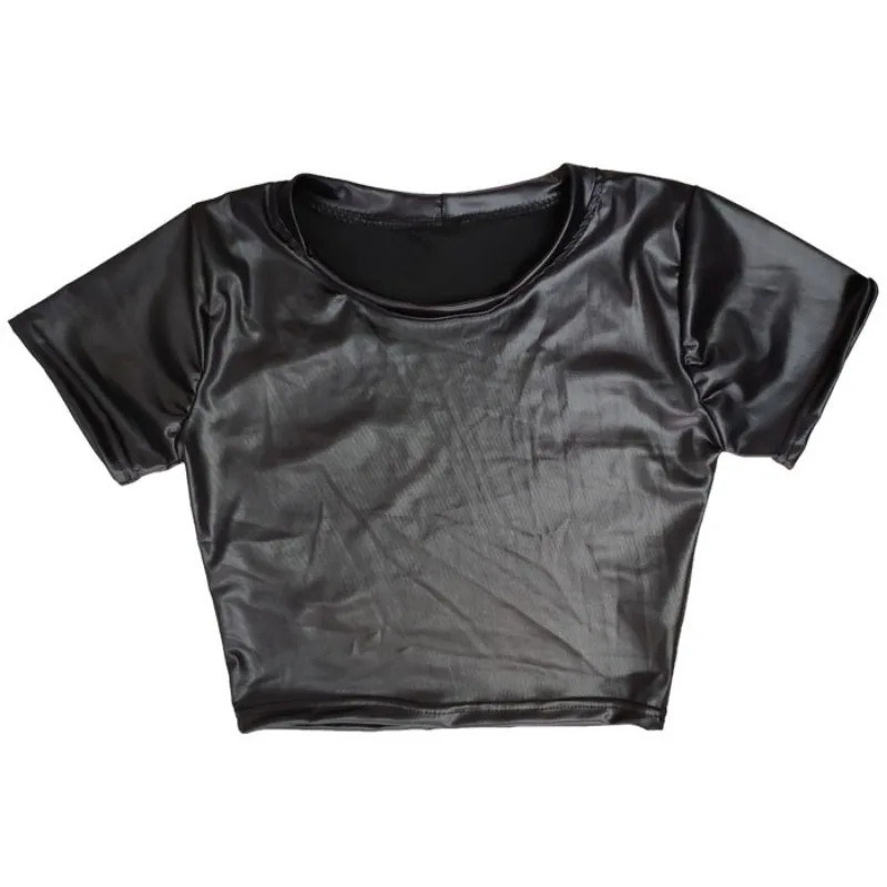 Woman Sexy PU Leather Short-sleeved Shirt Erotic Shaping Sheath Latex Tops Casual T-shirts Women Patent Leather Sexi