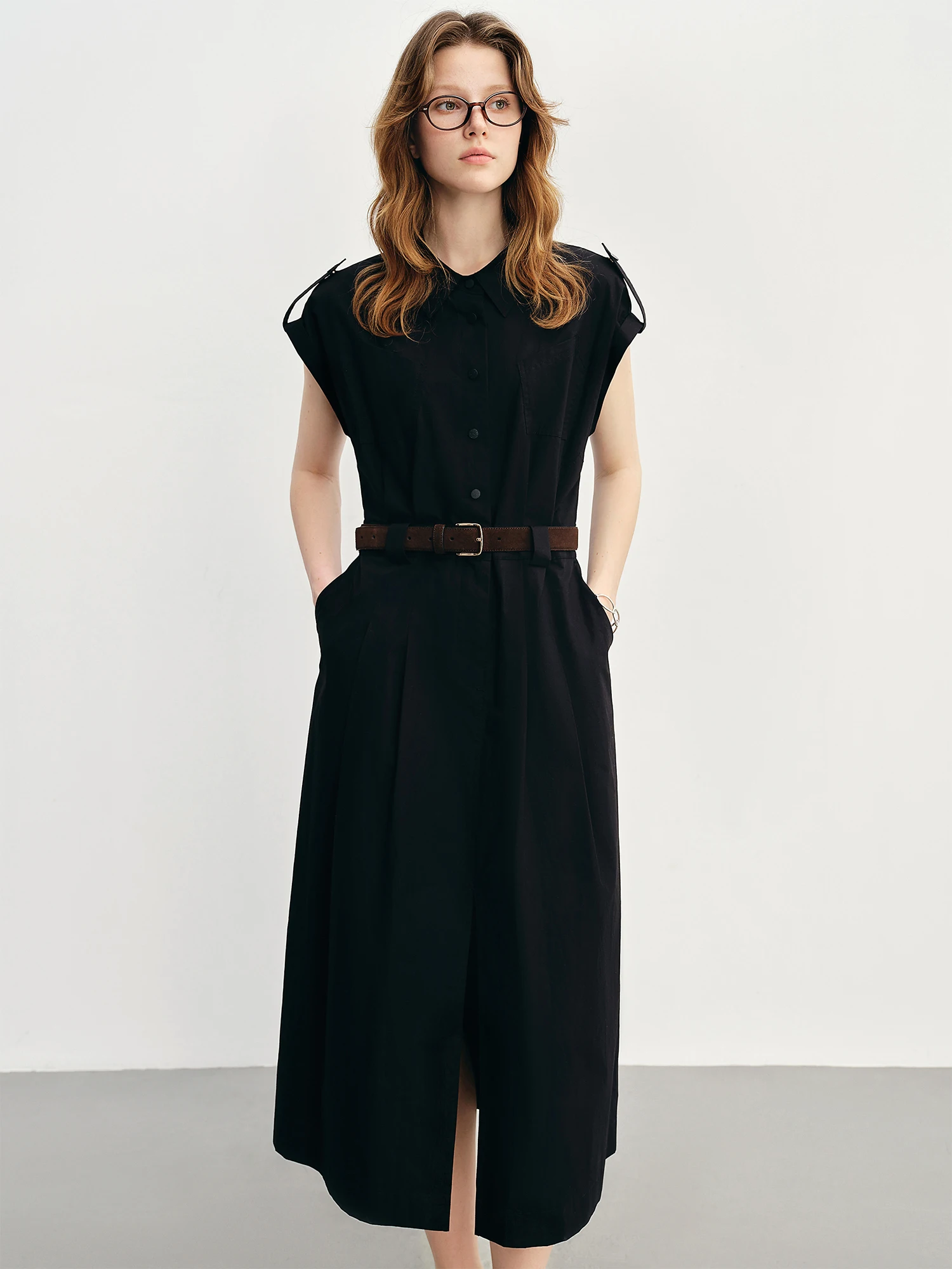 ​ فستان قميص بدون أكمام لصيف 2025 من DUSHU - طيات مدسوسة بكتف منسدل وثنيات وخصر جذاب وقص مكتب للنزهة ​