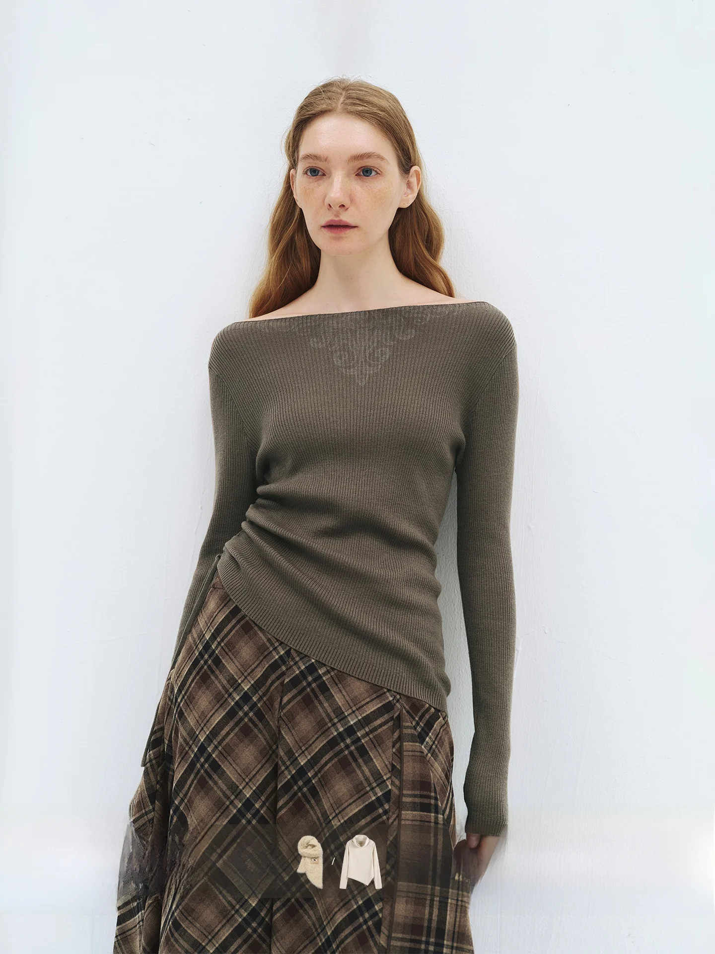 

Classical Print Asymmetrical One-oulder Wool Blend Knitted T-irt Casual Fit Long Sve Women's Top Polyester Acrylic Fiber