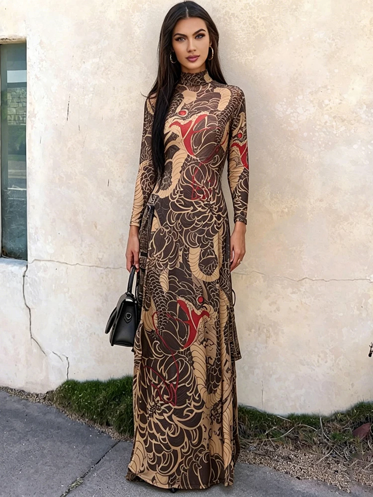 Nibber See Through Blouse Women Snake Print Half-High Neck Long Sleeves High Slits High Elasticity Street Skinny Trend Long Tops