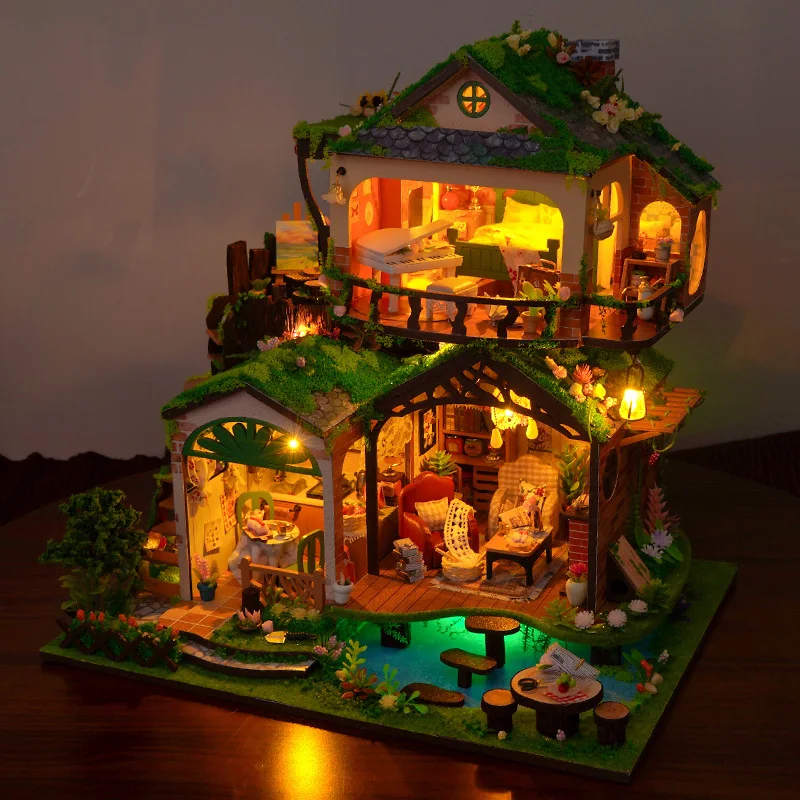 Nieuwe Sprookje Bos Villa Houten Poppenhuis Miniatuur met Meubels Kit DIY Monteren Model Speelgoed Kind Volwassen Kerstcadeau Casa