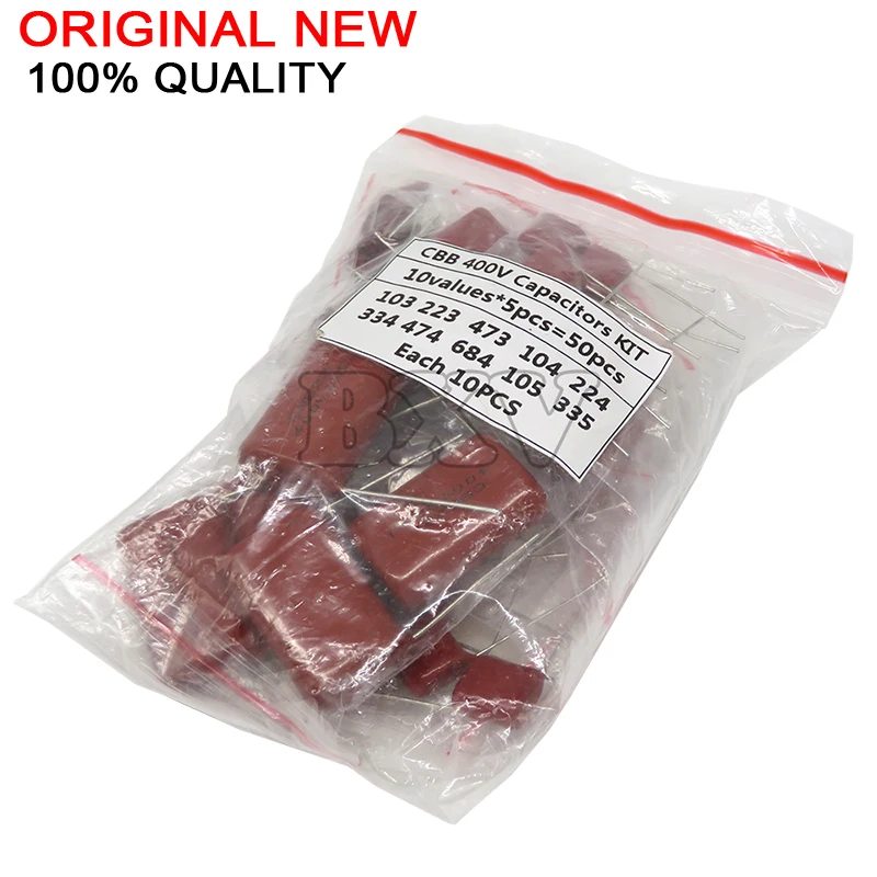 50PCS=10Value*5PCS 400V 10nF ~ 3.3UF CBB Assortment Kit Metallized Polye ster Film Capacitors 