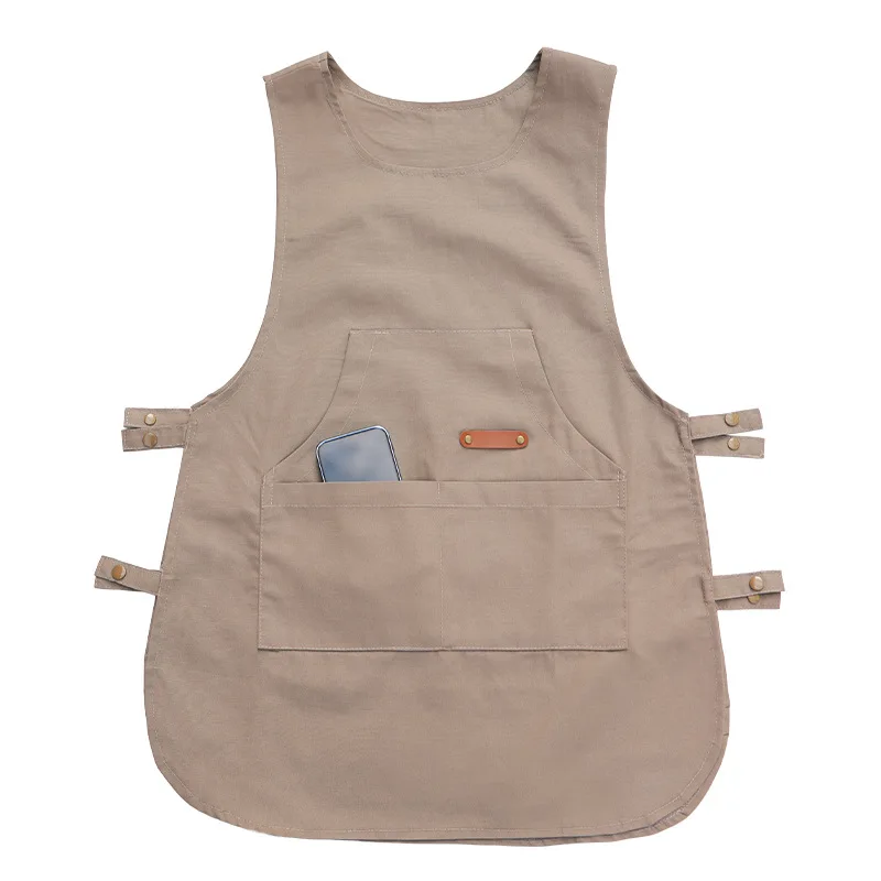 Round Neck Workwear Vest Apron Fashionable and Casual Coffee Shop Barberr Work Clothes Multiple Pockets for Storage Apron