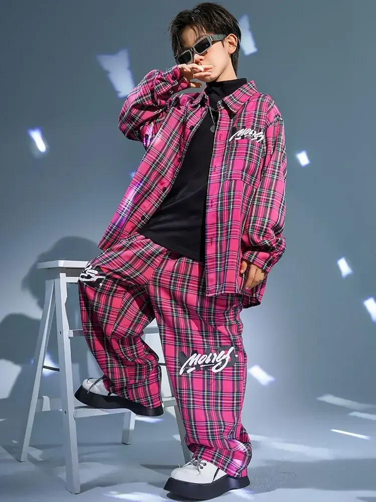 Rose Red Plaid Shirt Elastische Taille Broek Jongens Jazz Prestaties kleding Kids Kpop Streetwear Ballroom Hip Hop Danskostuums