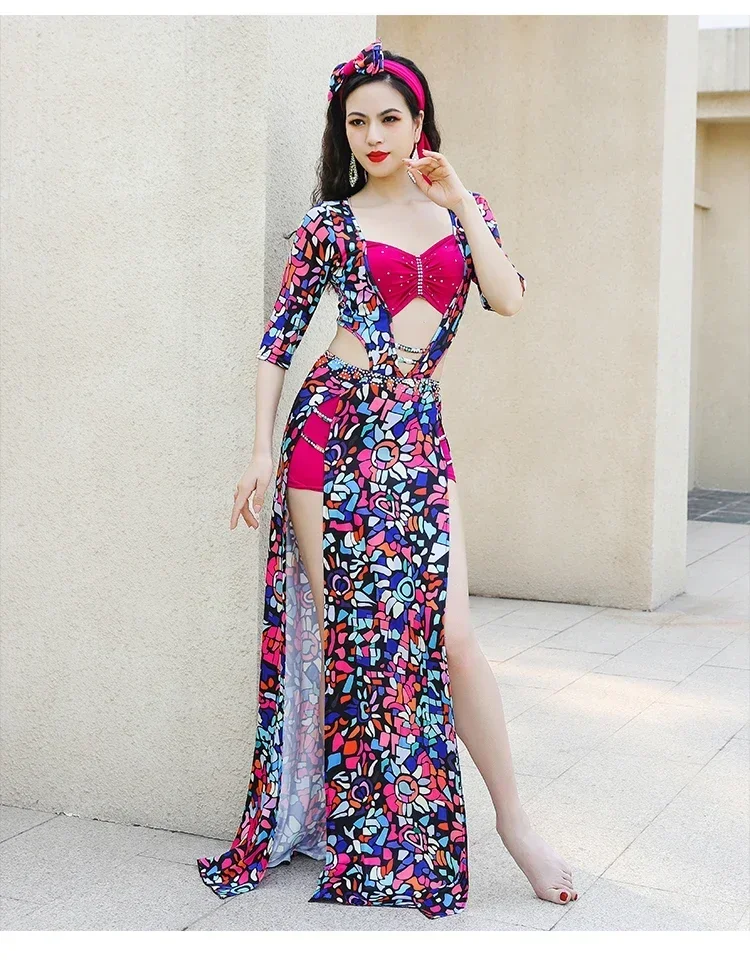 Shaabi Baladi kostum tari perut wanita, 3 buah Set pakaian pertunjukan tari Oriental baju dansa panggung jubah panjang