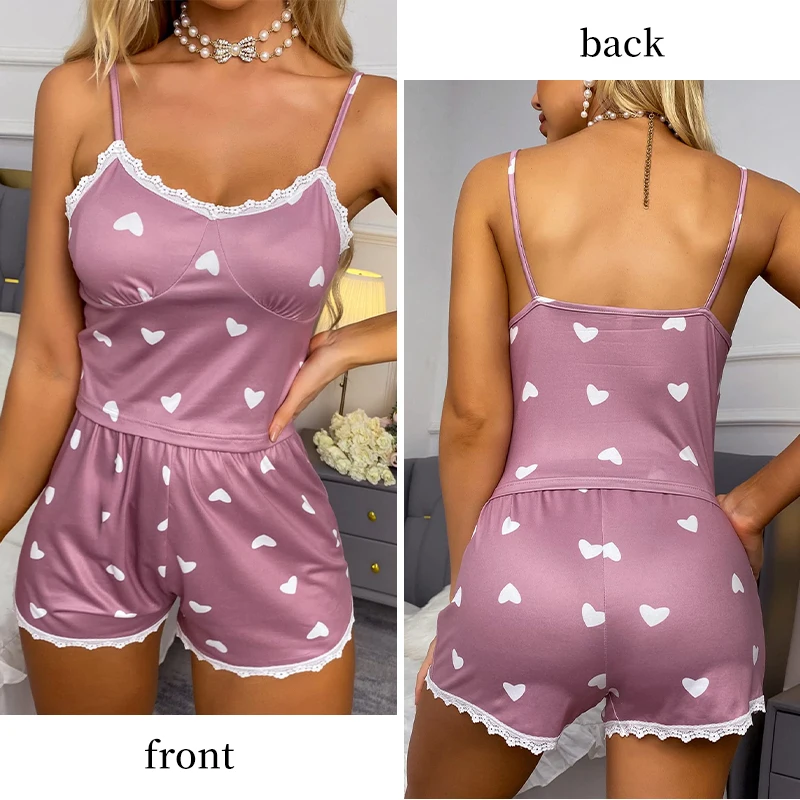 Women\'s Two-Piece V-Neck Suspender Lace Lace Printed Top and Shorts Women\'s Casual Printed Pajama Set