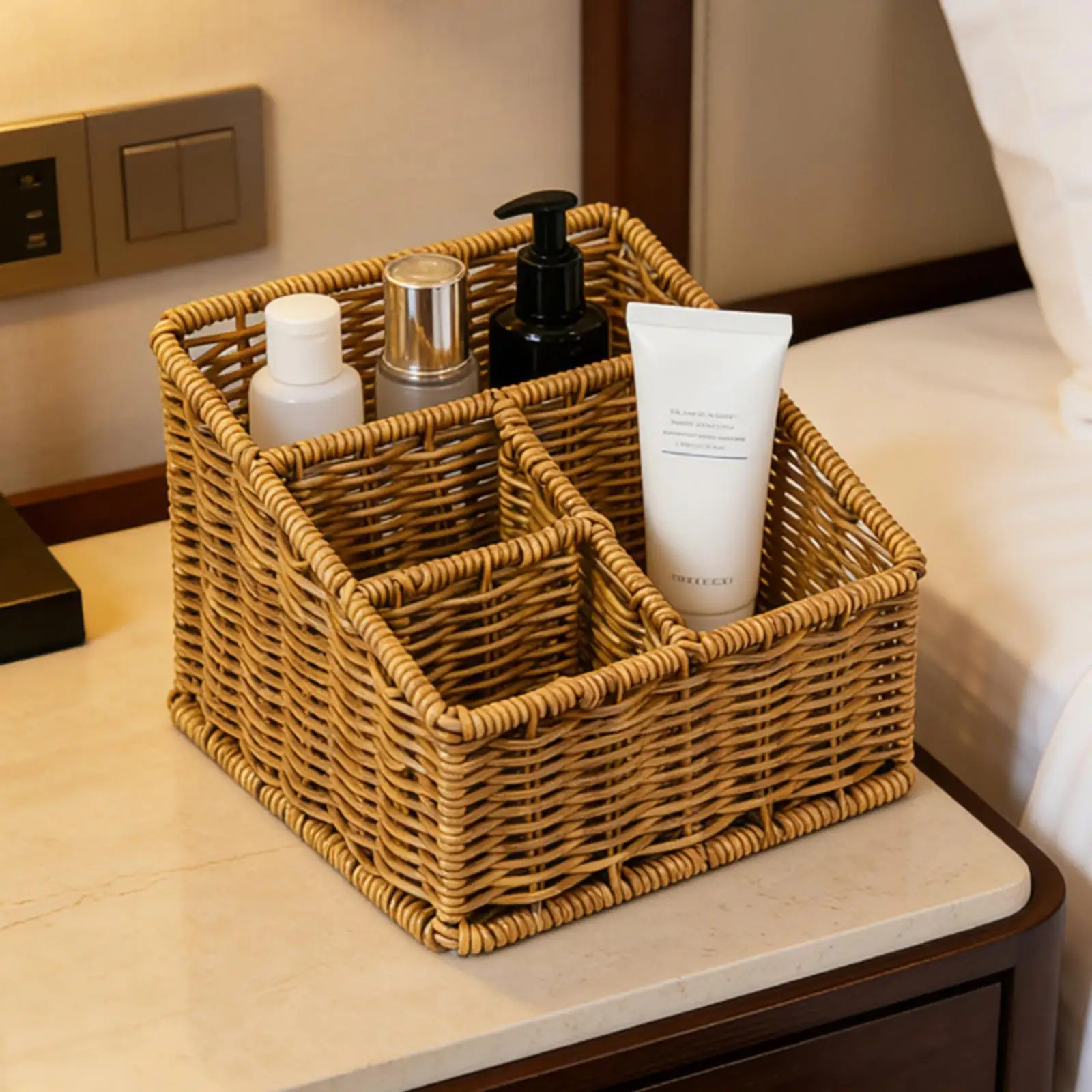 Rattan Style Desktop Organizer Basket Plastic Storage Box for Cosmetics Kitchen Tableware Bedroom Storage