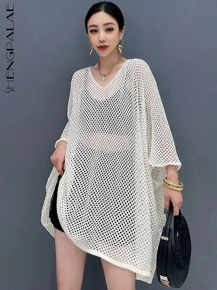 

SHENGPALAE 2024 Summer New Fashion Hollow Out Knitwear Women's Shirt Loose Bat Sleeves Sunscreen Versatile Female Blouse 5C1168