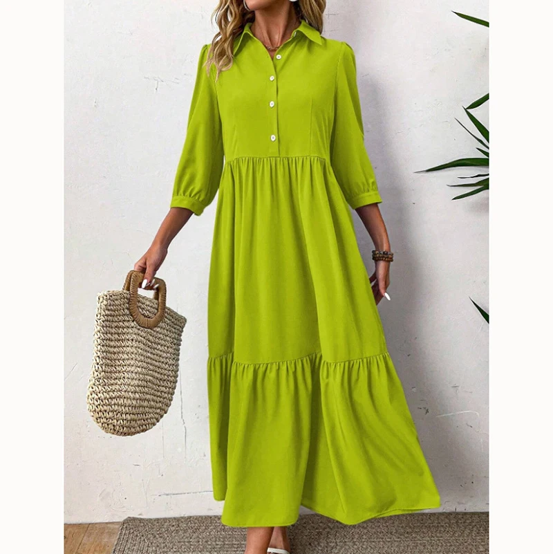 

French spliced ​​women's long skirt solid color temperament, lazy style shirt dress buttons, centre sleeves, cool loose women's