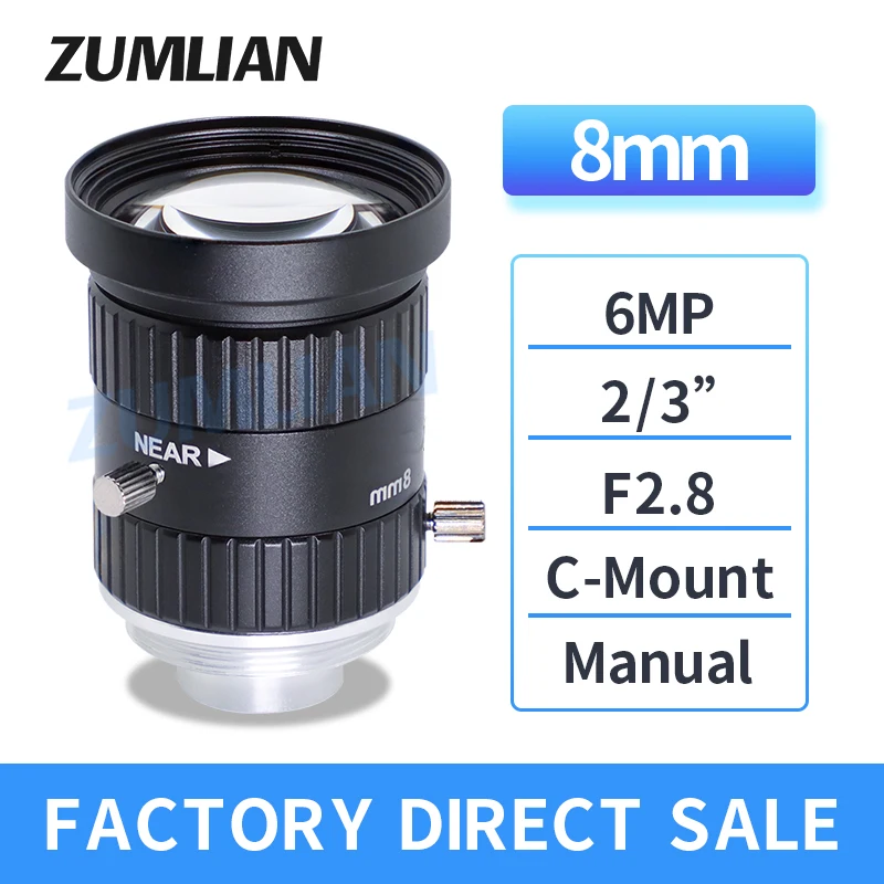 

ZUMLIAN 8mm Lens C-Mount Fixed Focal Length FA 2/3 Inch Lens F2.8 Manual Iris 6.0MP Machine Vision CCTV Low Distortion Cameras