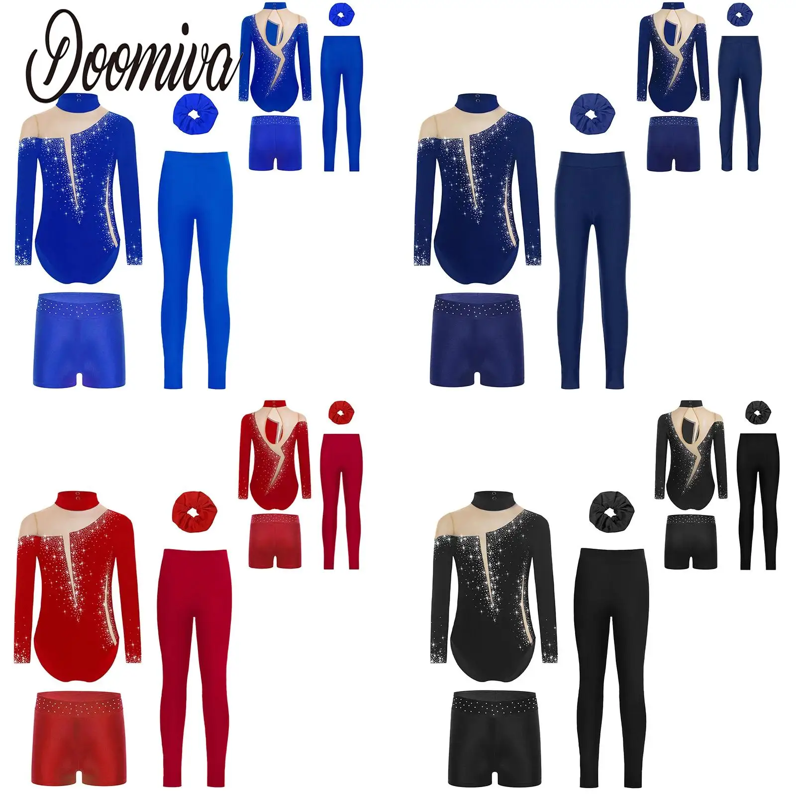 

Kids Girls Athletic Ballet Gymnastics Costume Rhinestones Long Sleeve Leotard with Shorts Leggings Unitard Biketard Dance Outfit