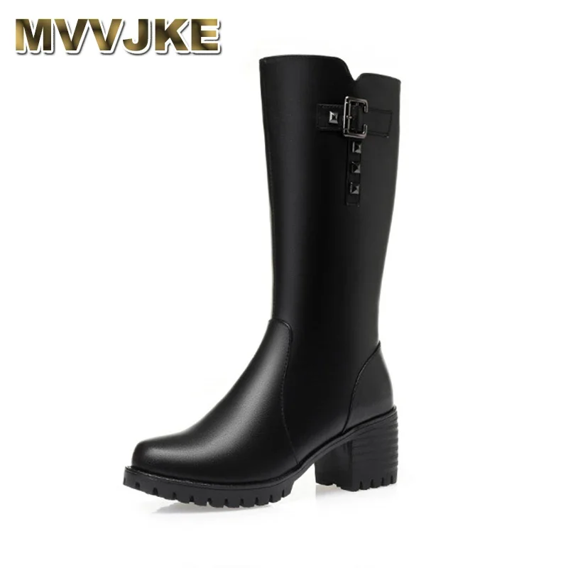 

Genuine Leather Knee High Boots For Women Thick Heeled Winter Large Size Warm Wool Shoes Woman Motorcycle Boots Long