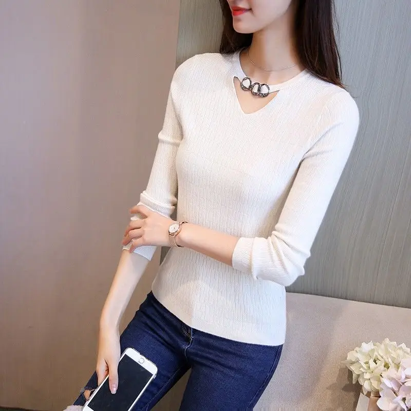 Korean Clothing Autumn Winter New Hanging Neck Sweater Women Solid Slim Hollow Elastic Fashion Long Sleeve Bottoming Knitted Top