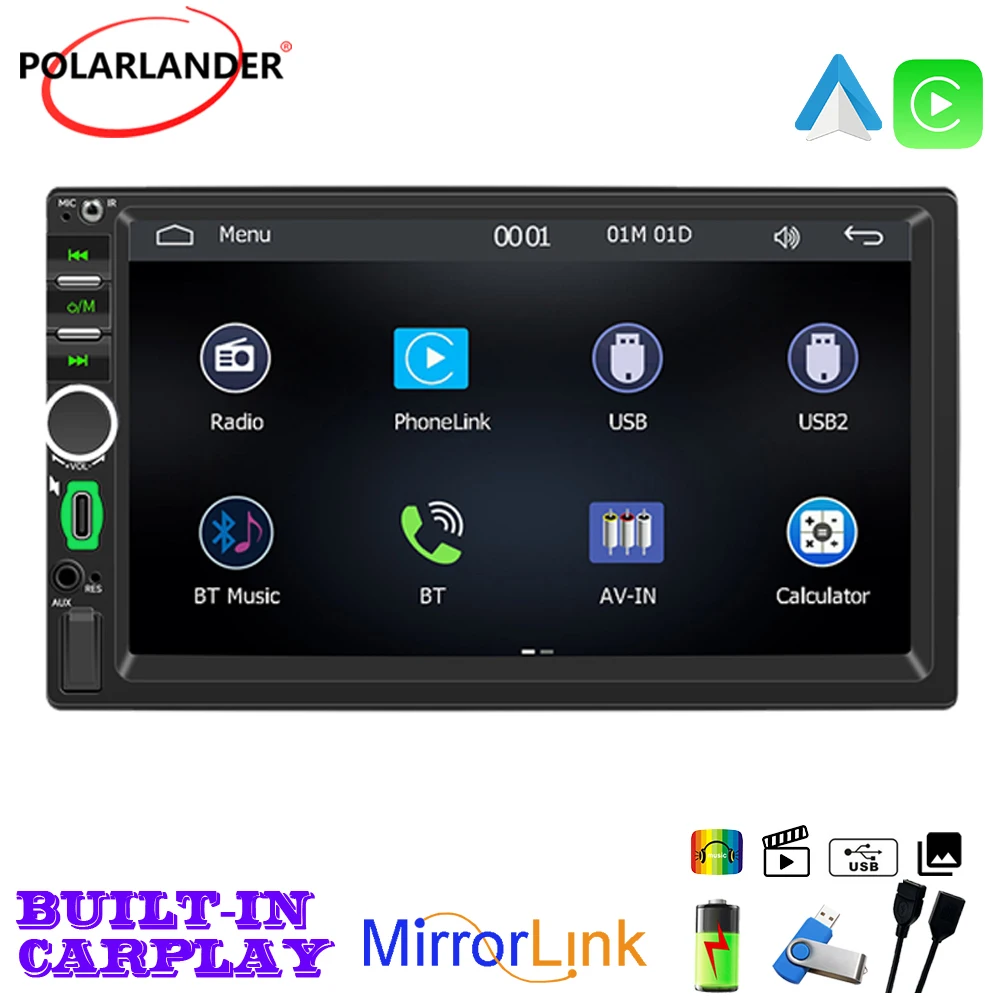 

7" Capacitive Touchscreen Double Din Car Audio Receiver IOS CarPlay Android Auto Wired Bluetooth 5.1 FM Radio USB TF AUX Mirror
