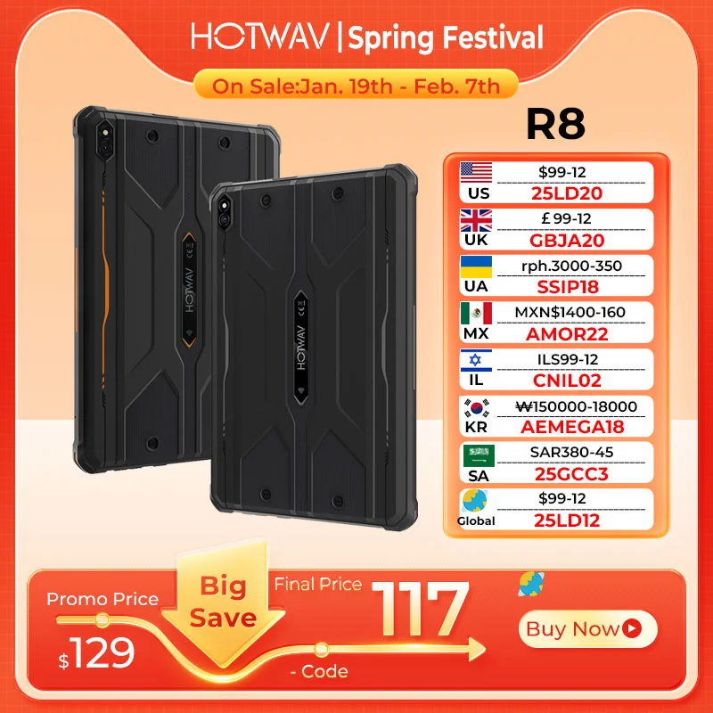 New HOTWAV R8 Rugged Tablets Android 14 10.1''+10800mAh 5MP+13MP Camera tablets 12（4+8）+128GB   10.1