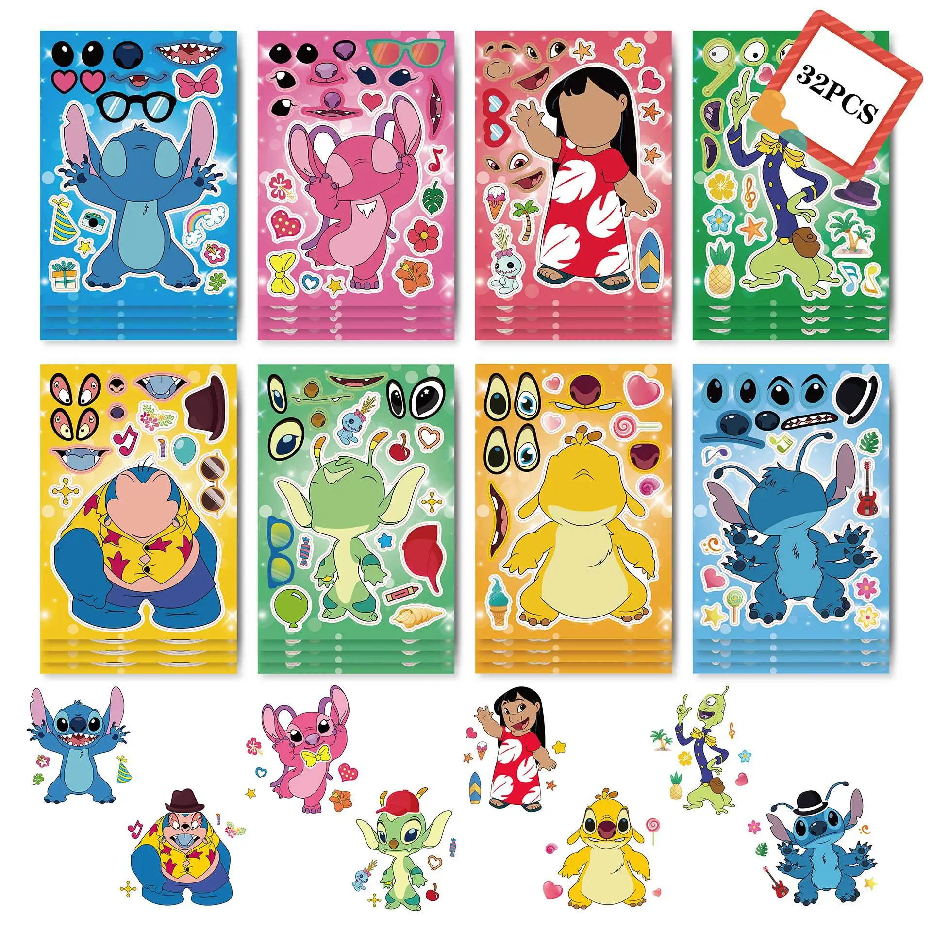 

8/16sheets Lilo & Stitch Puzzle Stickers Make a Face Sticker Kids Toys Disney Cartoon Decals Gift Decoration Anime Graffiti Toy