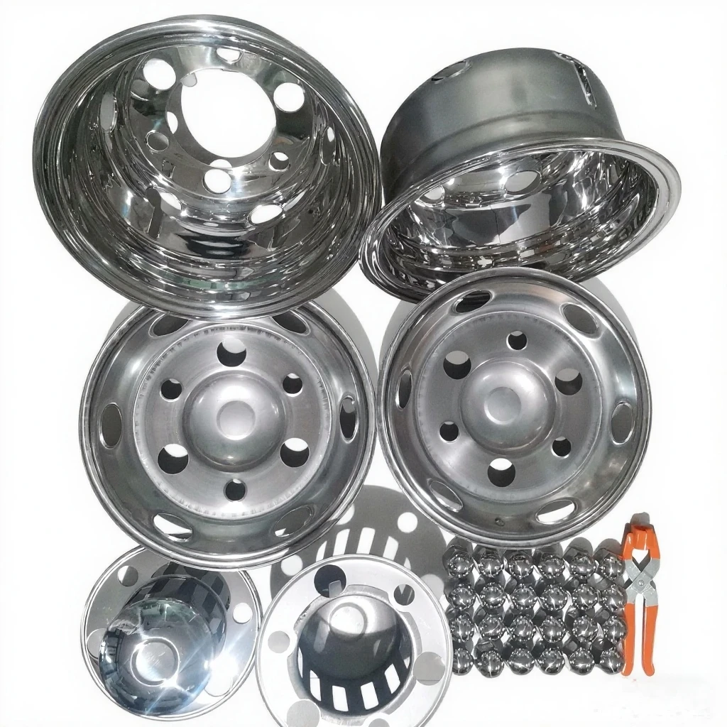 

17 Polished Stainless Steel Dual Wheel Bolt Cap 6 Hole Hubcap Installation Tool for Buses