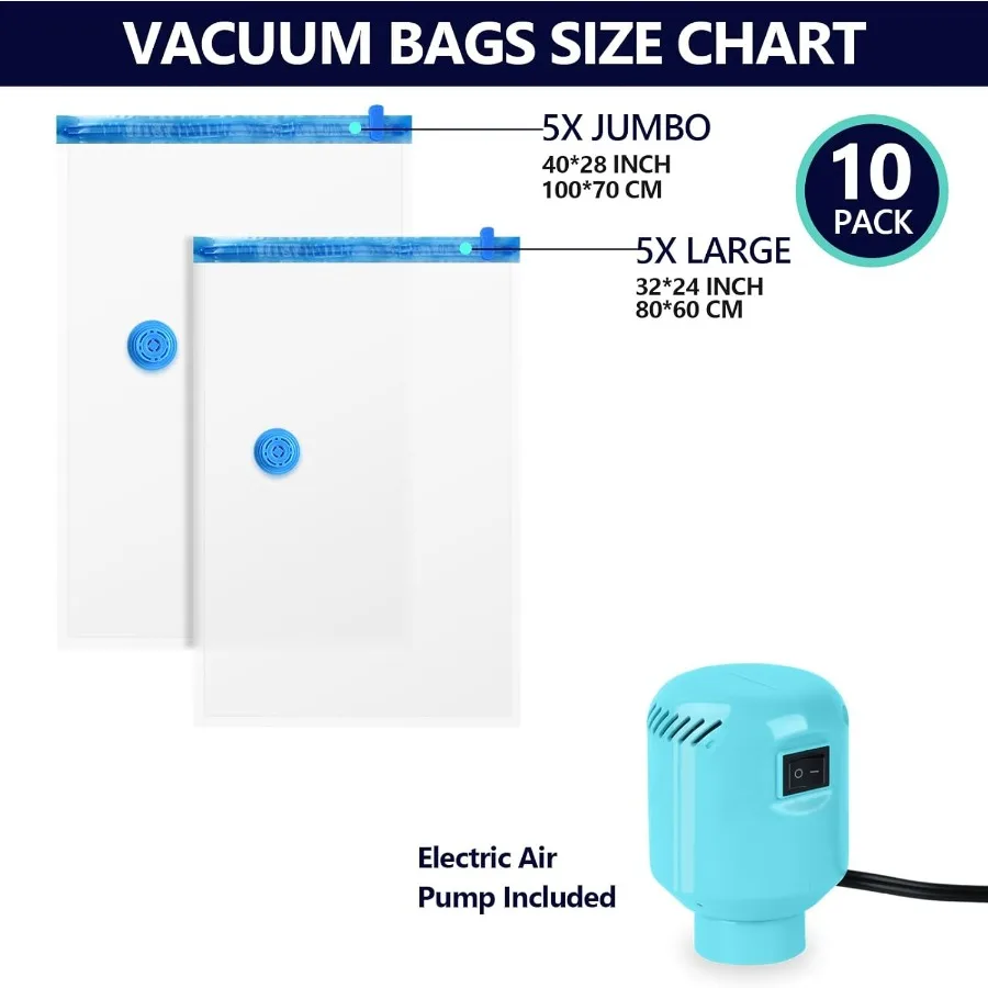 Vacuum Storage Bags with Electric Pump 10 Pack 5 Jumbo 5 Large Space Saver Storage Vacuum Sealed Bags for Clothing Storage Bags