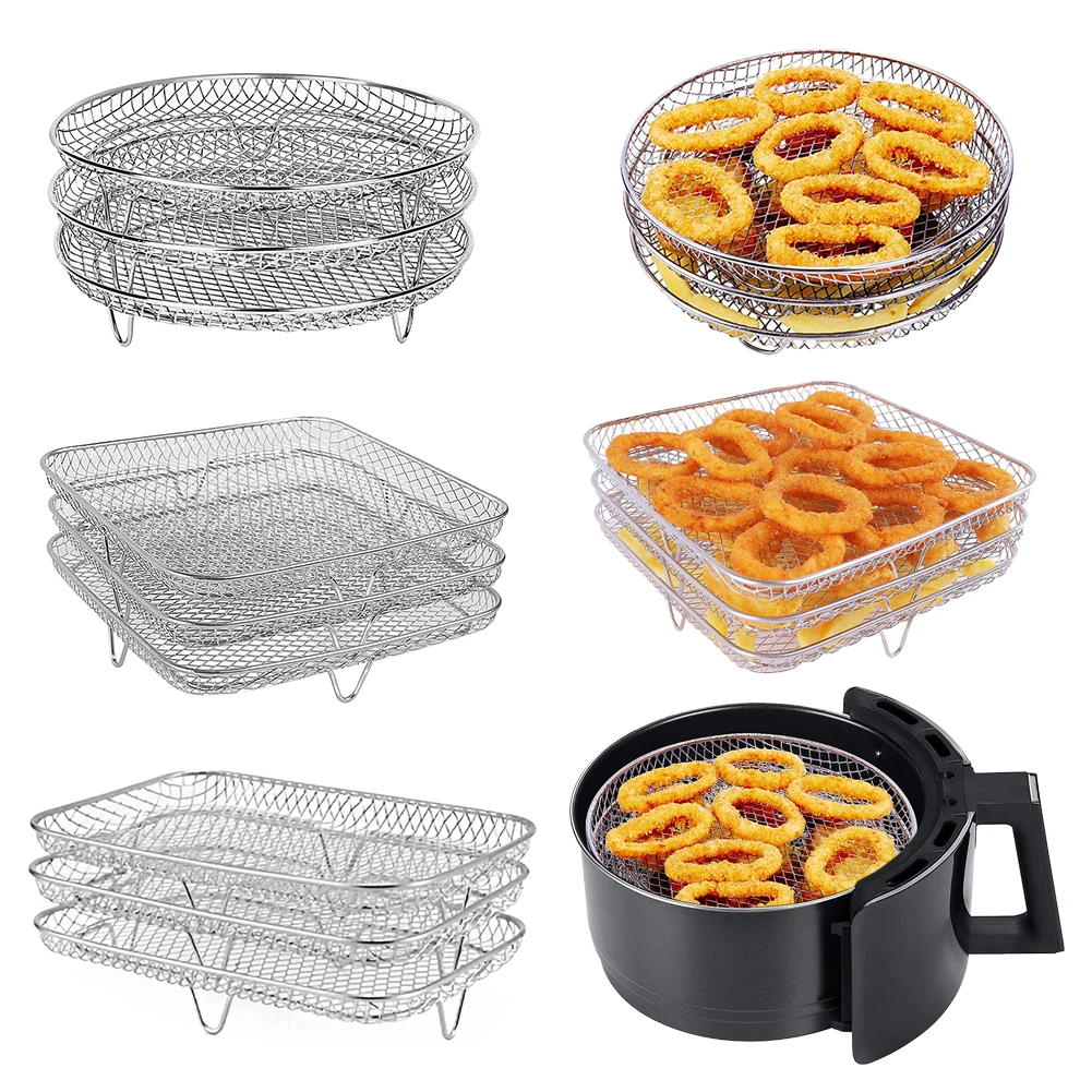 3-layers Air Fryer Rack Stackable Grid Grilling Rack Stainless Steel Anti-corrosion for Home Kitchen Oven Steamer Cooker Gadgets