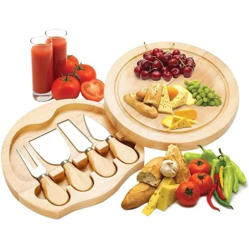 Wood Cheese Board Set Cheese Knife Wood Cutting Board Bamboo Round Cheese Board and 4 Knives Set with Slide-Out Cutlery Drawer