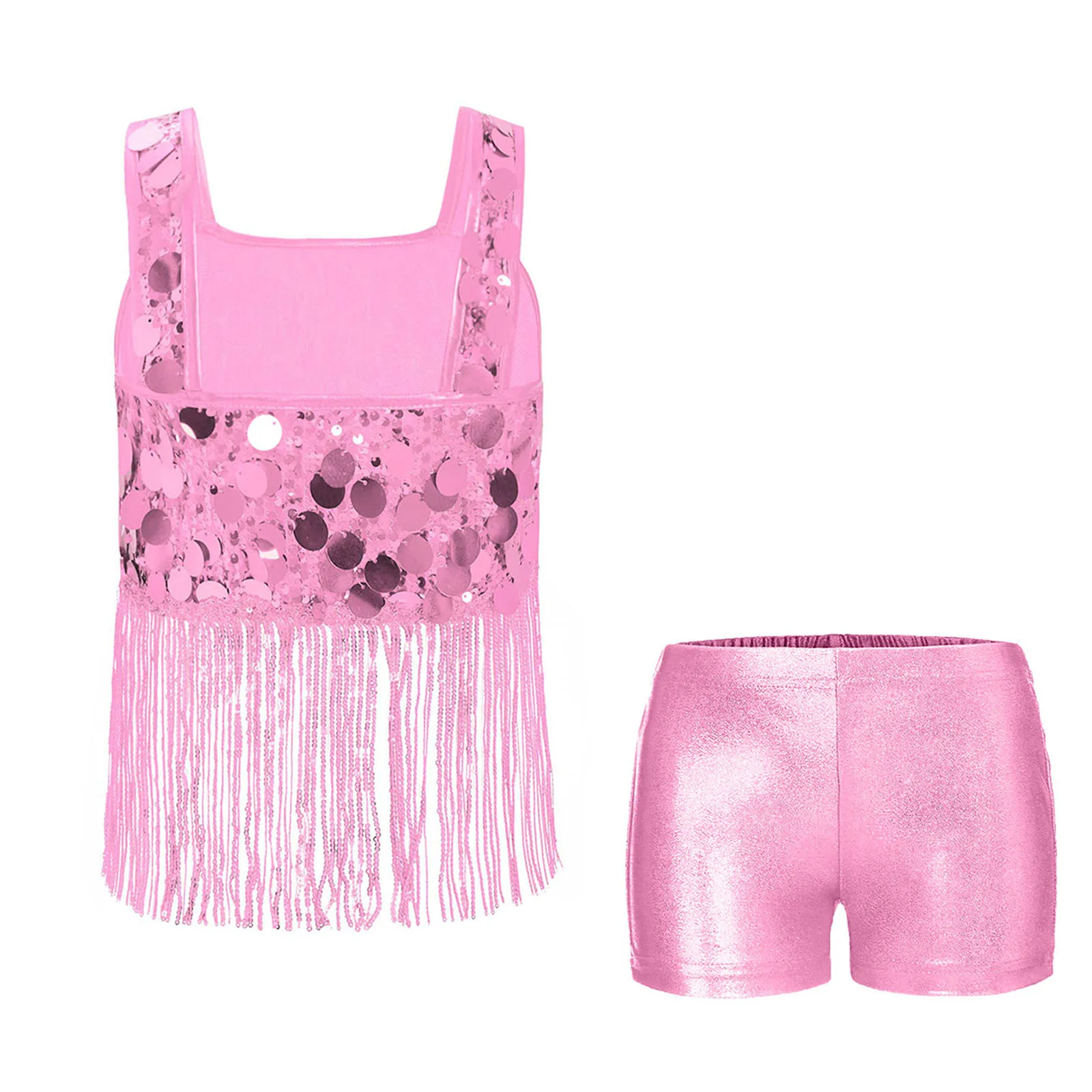 Jazzset voor meisjes, brede schouderbanden, glanzende paillettenkwastjes, crop-top met elastische tailleband, kort voor feestprestatiecompetitie