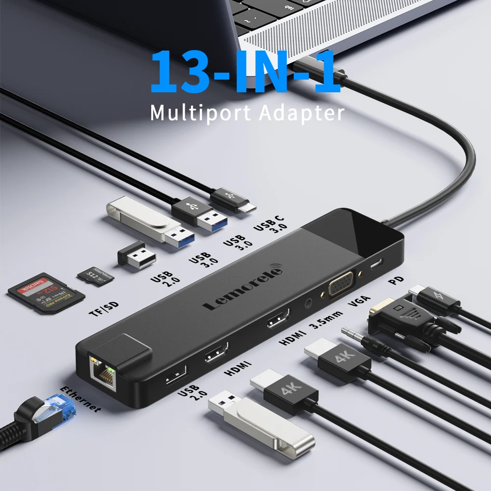 Lemorele 13 in 1 USB HUB HDMI 4K@30Hz Adapter RJ45 Splitter Type C HUB 3.0 PD 100W Charger Docking Station for MacBook Laptop PC