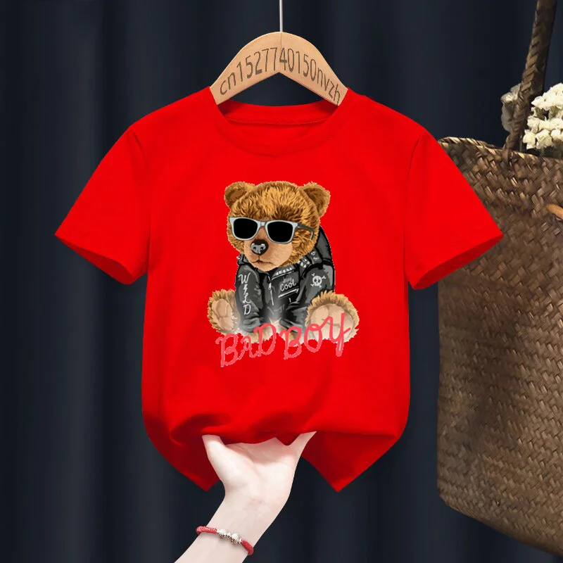 Funny Bear Bad Boy Print Red Kid T-shirts Children Baby Black Harajuku Kawaii Clothes Boy Girl Tops Gift Present ,Drop Ship