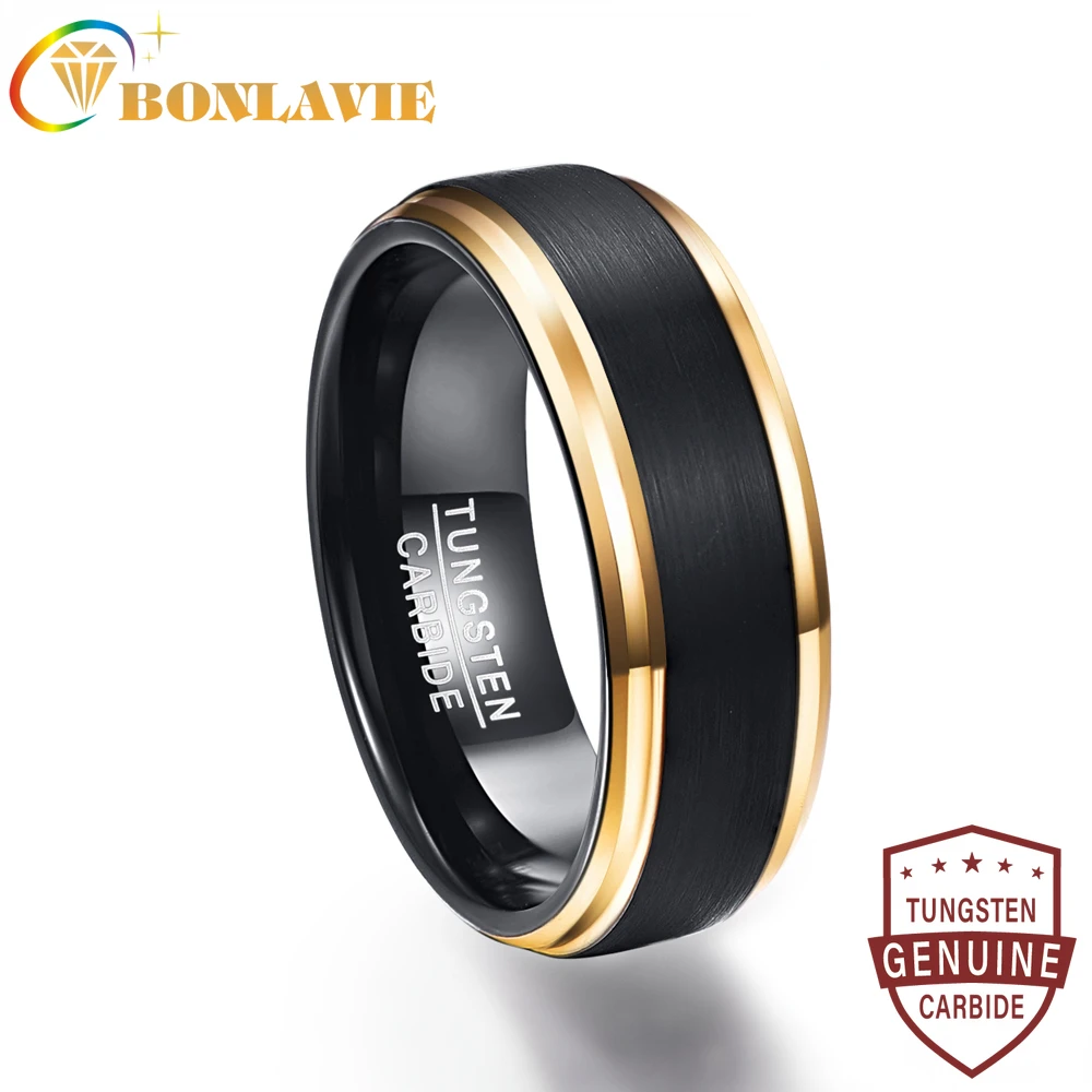 BONLAVIE 8mm New Hot Sell Classic Black Men Rings  Pure Tungsten Gold-Color Wedding Engagement Ring Free Shipping Jewelry