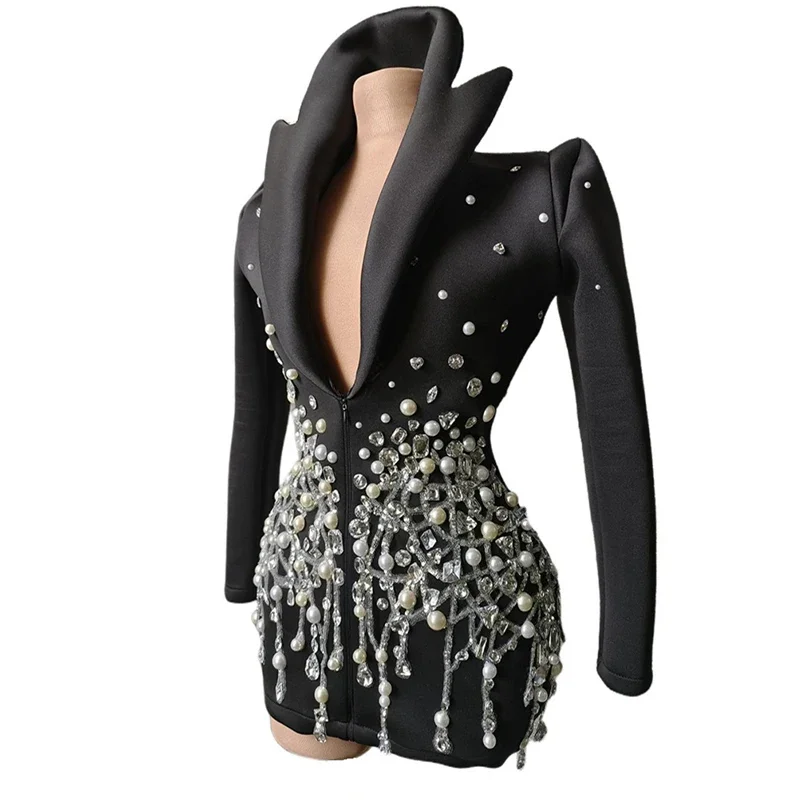 Shining Sequins Pearl Rhinestones Black Jacket Women Singer Bar Nightclub Jazz Dance Costume Performance Photography Costume