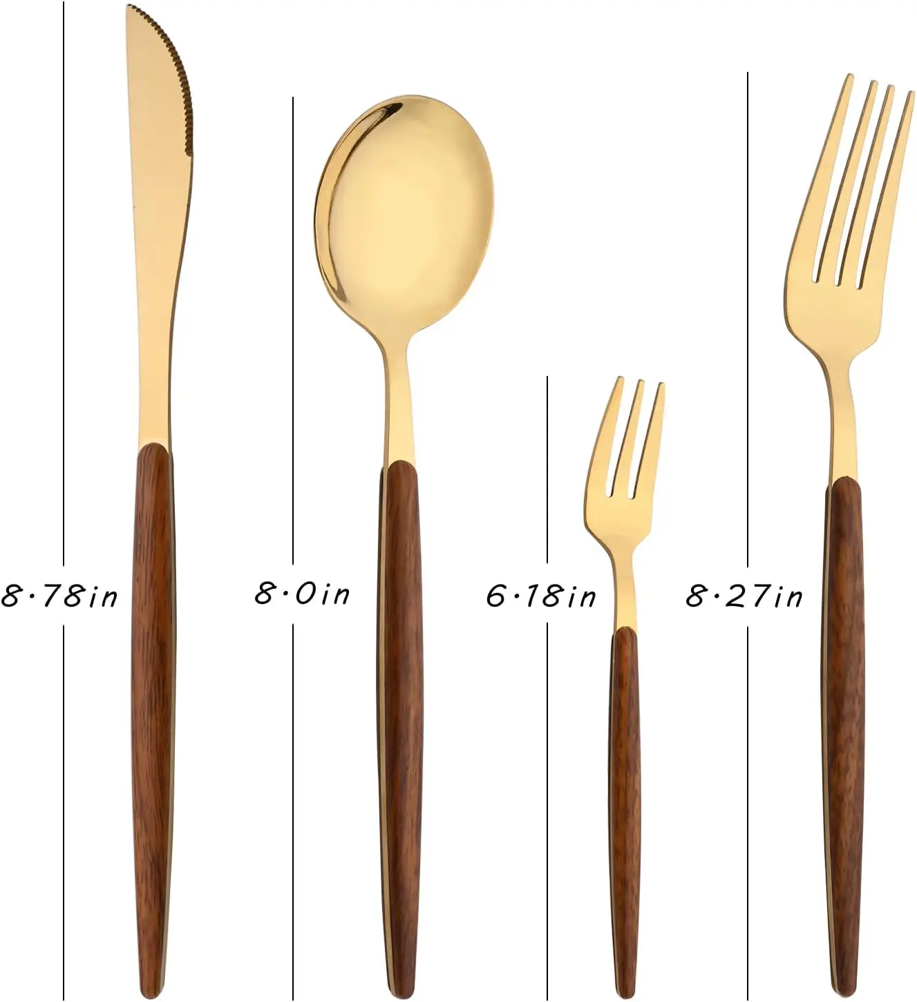 16-Piece Silverware Set with Cake Fork, Gold Stainless Steel Flatware Cutlery Set, Eating Utensils Set with Wooden effect Handle