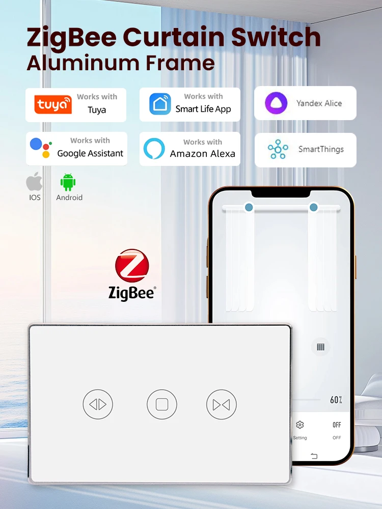 

LOUYSGEN Zigbee Curtains Blinds Switch Sliver Aluminum Frame Roller Shutters Motor Switch Backlight Google Home Alexa Smart Life