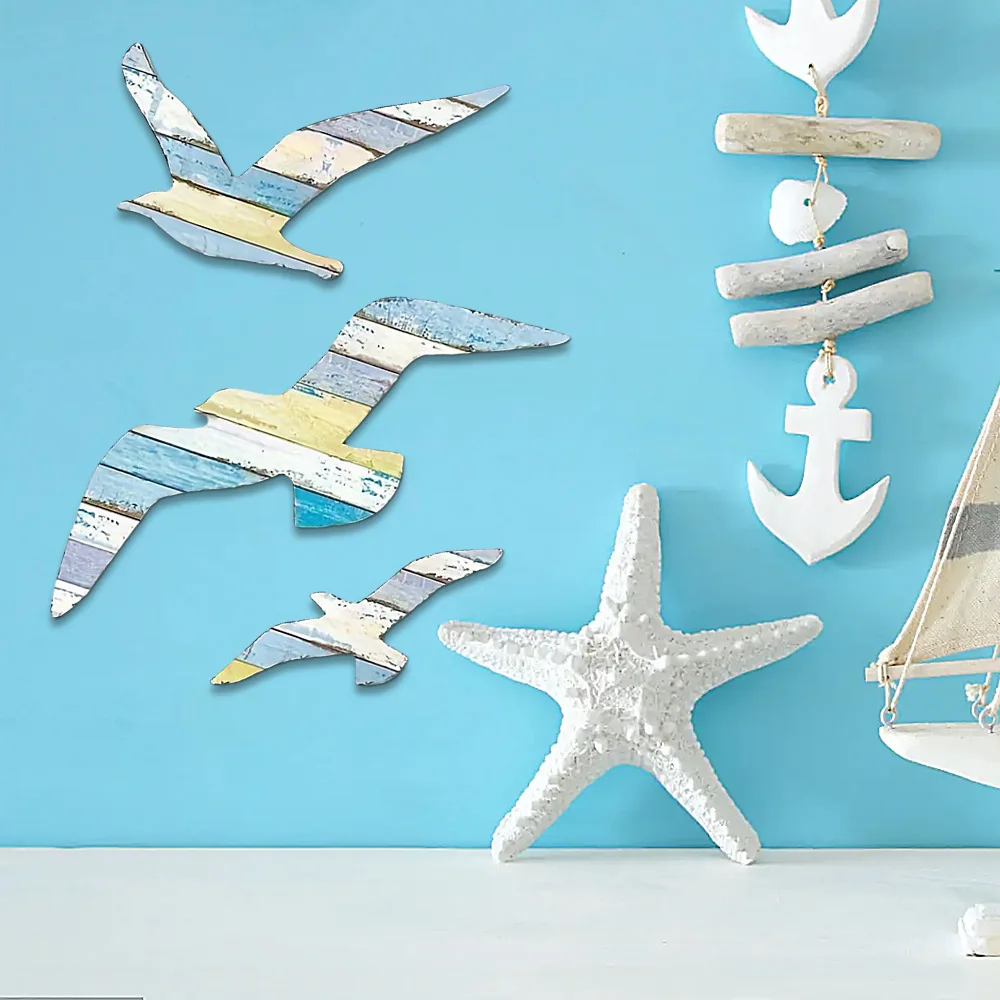

6 pcs Wooden Seagulls Wall Decor Mediterranean Style Nautical Wall Hanging Art For Home Bedroom Living Room Kids Room Decoration