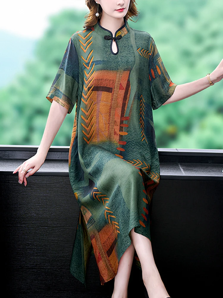 Women Print Mulberry Silk Stand Collar Midi Dress Summer Fashion Light Elegant Loose Waist Dress 2024 Korean Vintage Casaul Robe