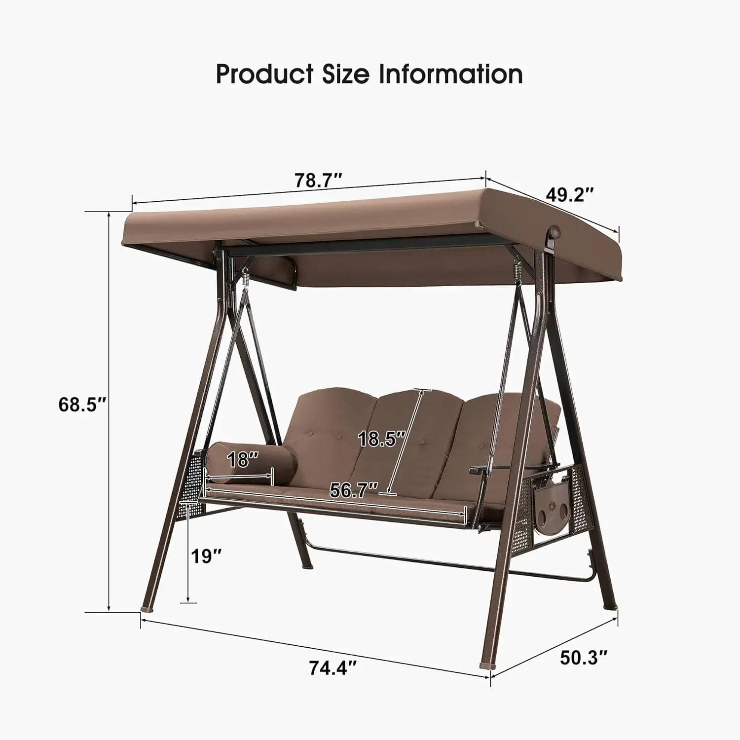 PURPLE LEAF 3-Seat Deluxe Outdoor Patio Porch Swing with Weather Resistant Steel Frame, Adjustable Tilt Canopy, Cushions