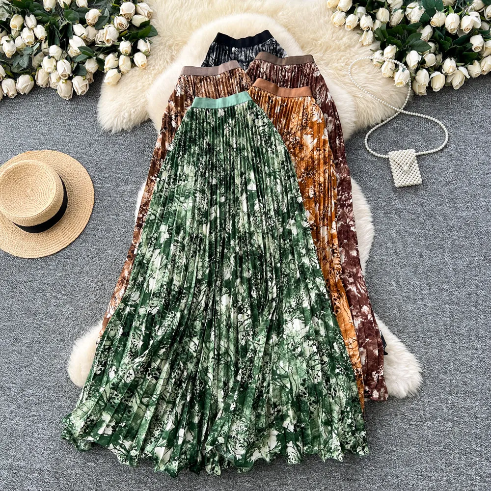 2026 Neuer Sommer Damenrock im französischen Vintage-Stil, vielseitig kombinierbar, hohe Taille, Blumenmuster, mittellang, A-Linie, Faltenrock