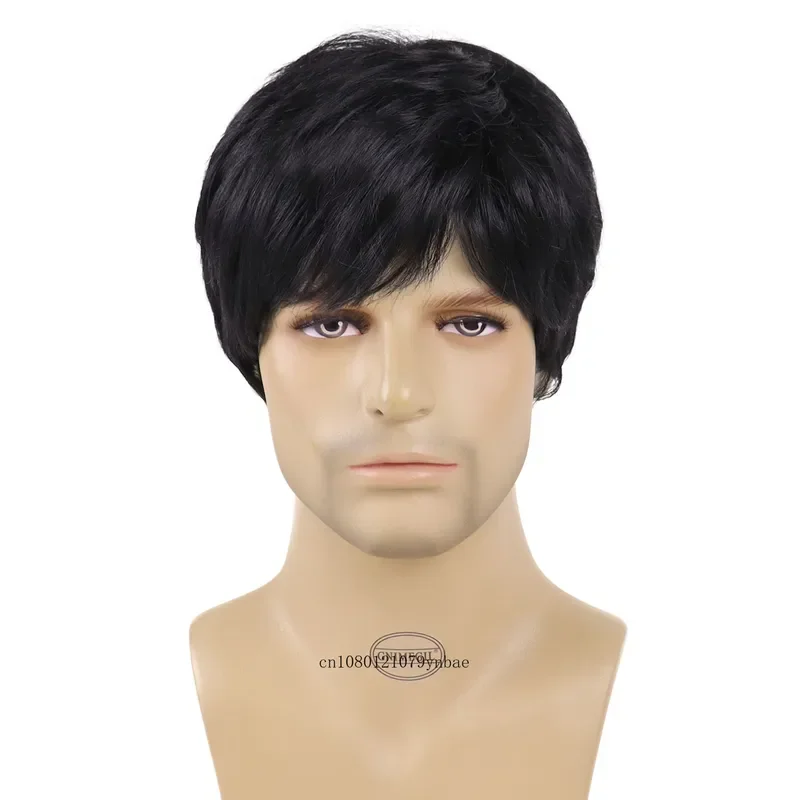 Synthetic Hair Natural Black Wigs for Men Short Haircuts with Bangs Cool Hairstyles Cosplay Wig Businessman Daddy Dark Brown Wig