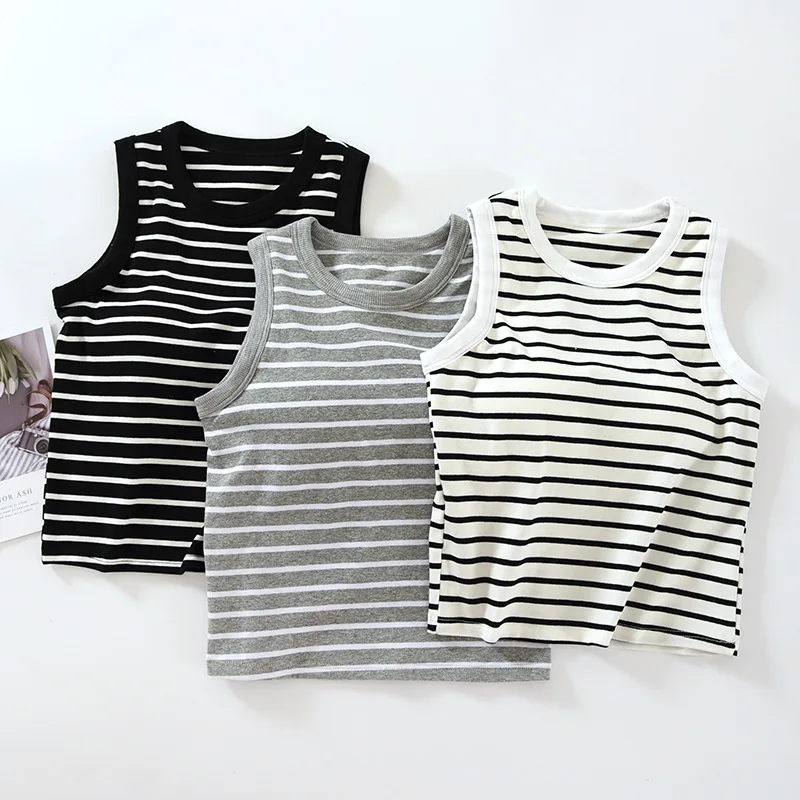 Cotton Striped Camisole with Padded Bust Women Sleeveless Undershirt Summer Crop Top Outerwear Concealing Side Cleavage C5525